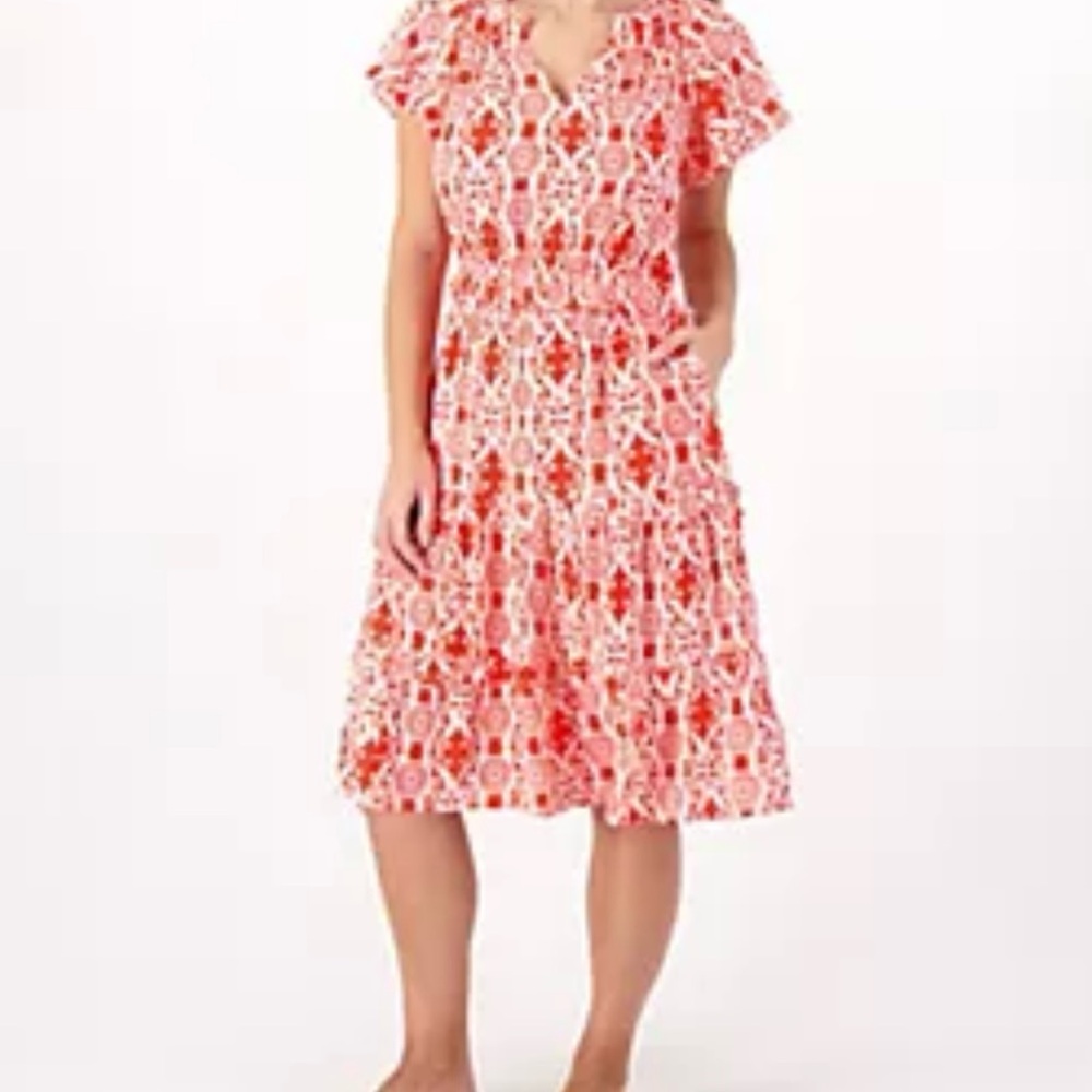 Fire 🔥 Orange Destination 365 Midi Dress, Printed Flutter-Sleeve Tiered Dress